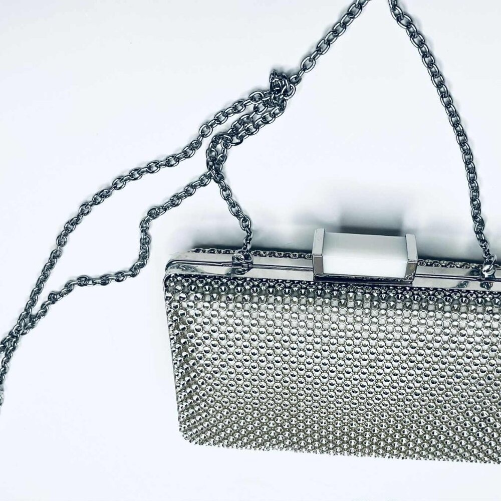 Jessica McClintock Silver Metal Mesh Evening Clutch Chain Bag NWT
